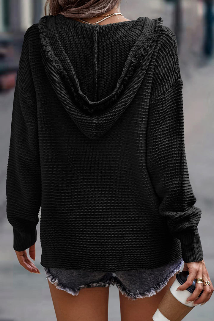 Black V Neck Ribbed Drop Shoulder Hooded Sweater Sweaters & Cardigans/Sweaters