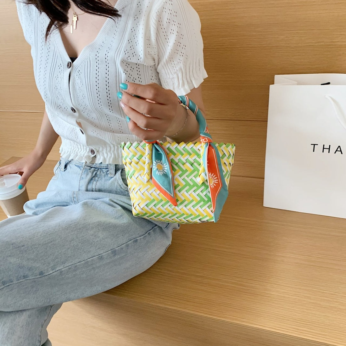 Contrast Woven Handbag with Ribbon 