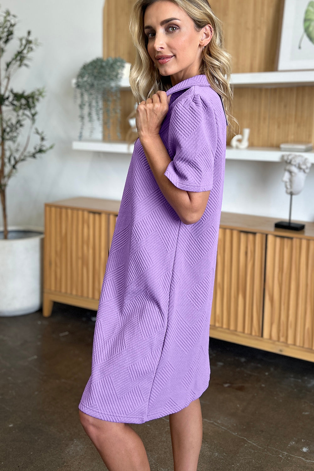 Double Take Full Size Texture Collared Neck Short Sleeve Dress 
