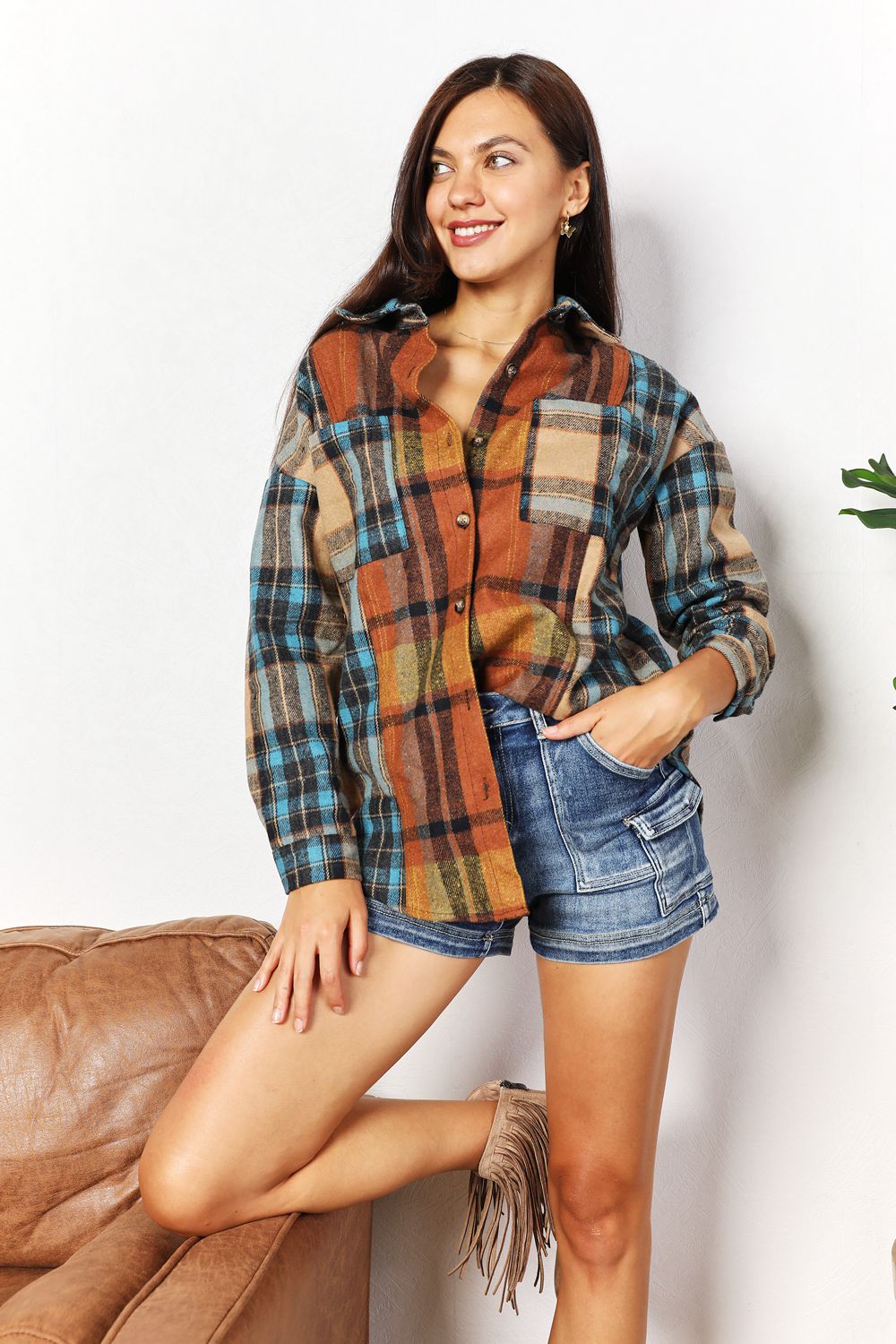 Double Take Plaid Curved Hem Shirt Jacket with Breast Pockets 