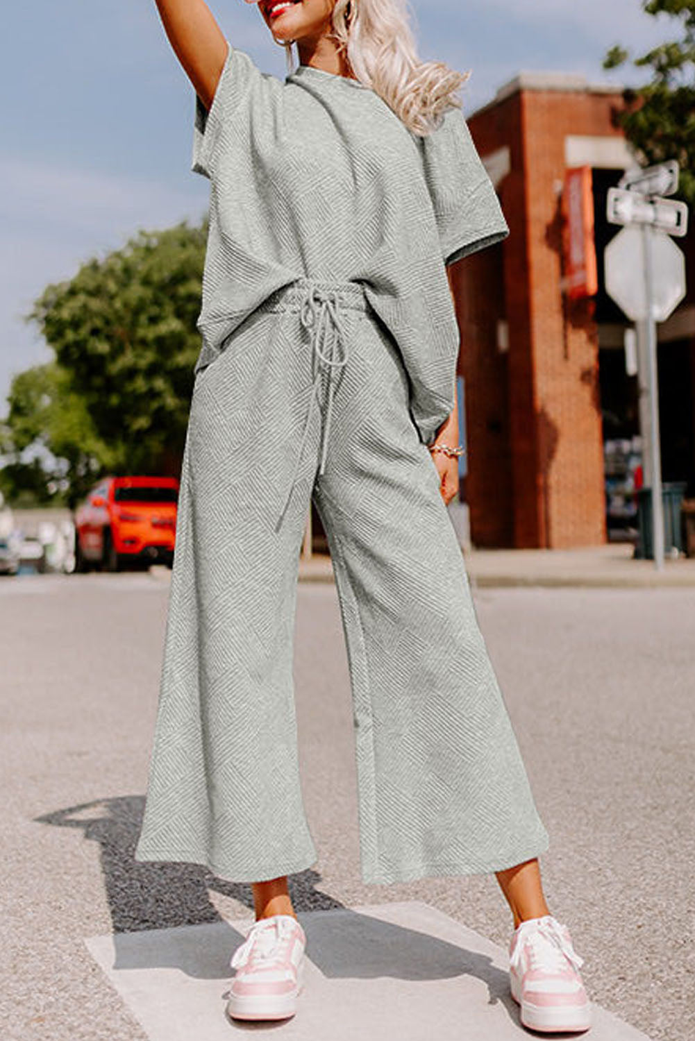 Gray Textured Loose Fit T Shirt and Drawstring Pants Set Two Piece Sets/Pant Sets