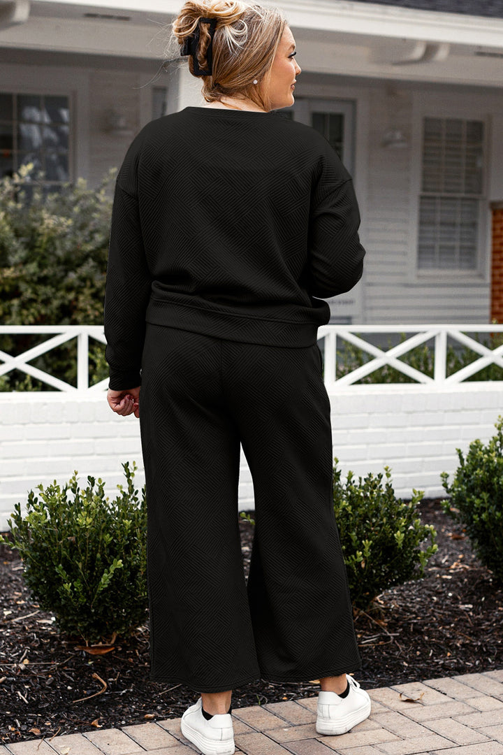 Double Take Full Size Textured Long Sleeve Top and Drawstring Pants Set 