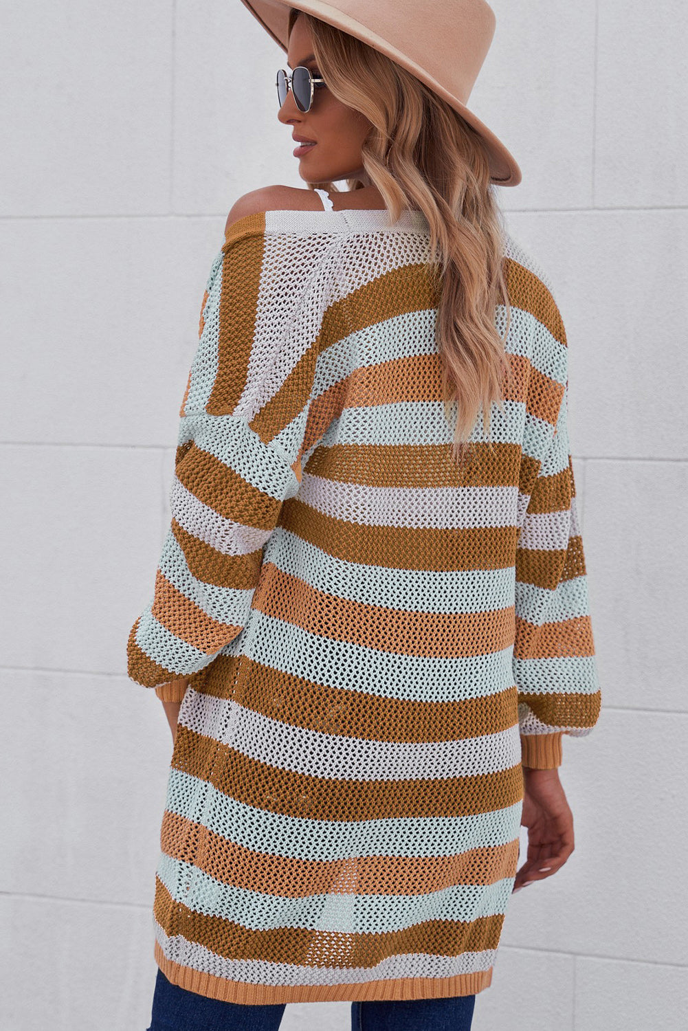 Full Size Striped Long Sleeve Openwork Cardigan 