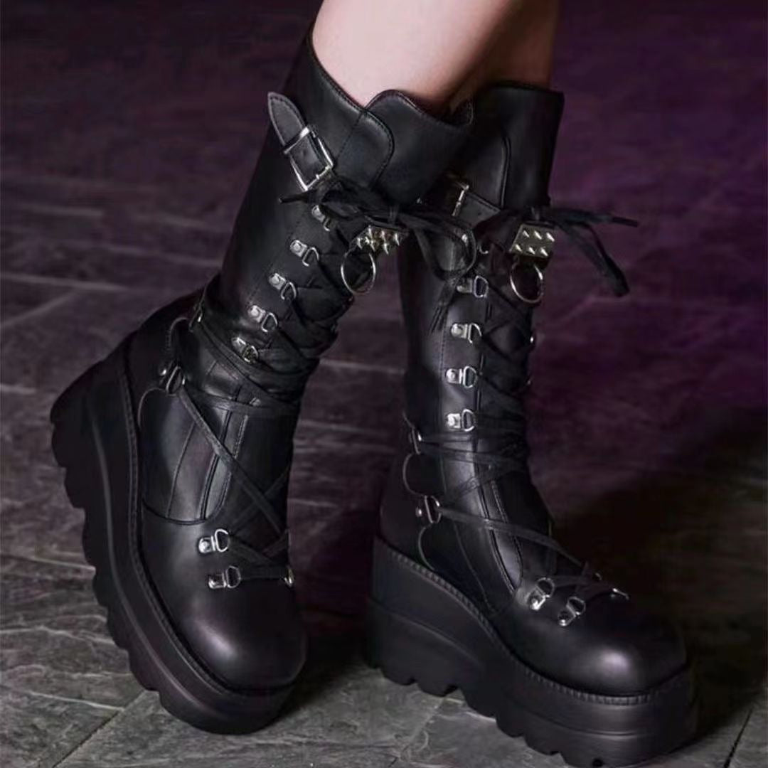 PU Leather Lace Up Wedge Boots 