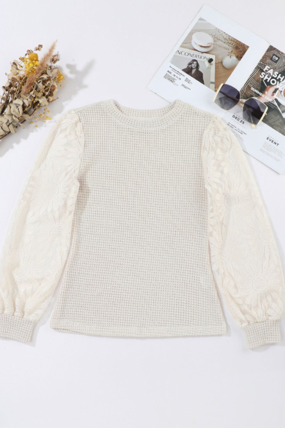 Mock Neck Lace Long Sleeve Top 