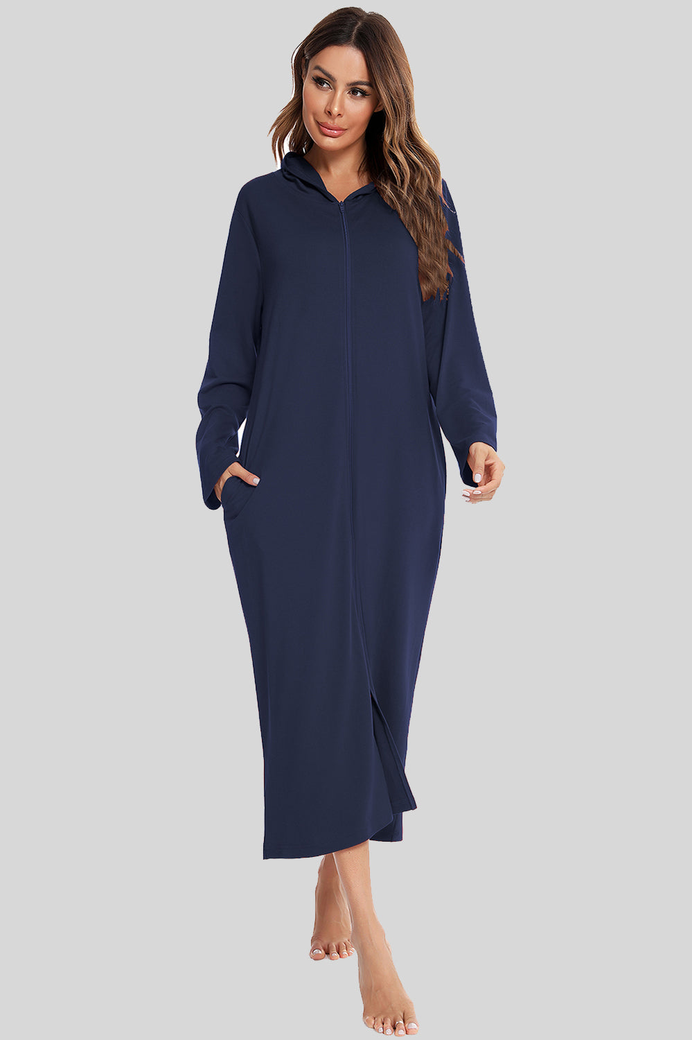 Zip Front Hooded Night Dress with Pockets 