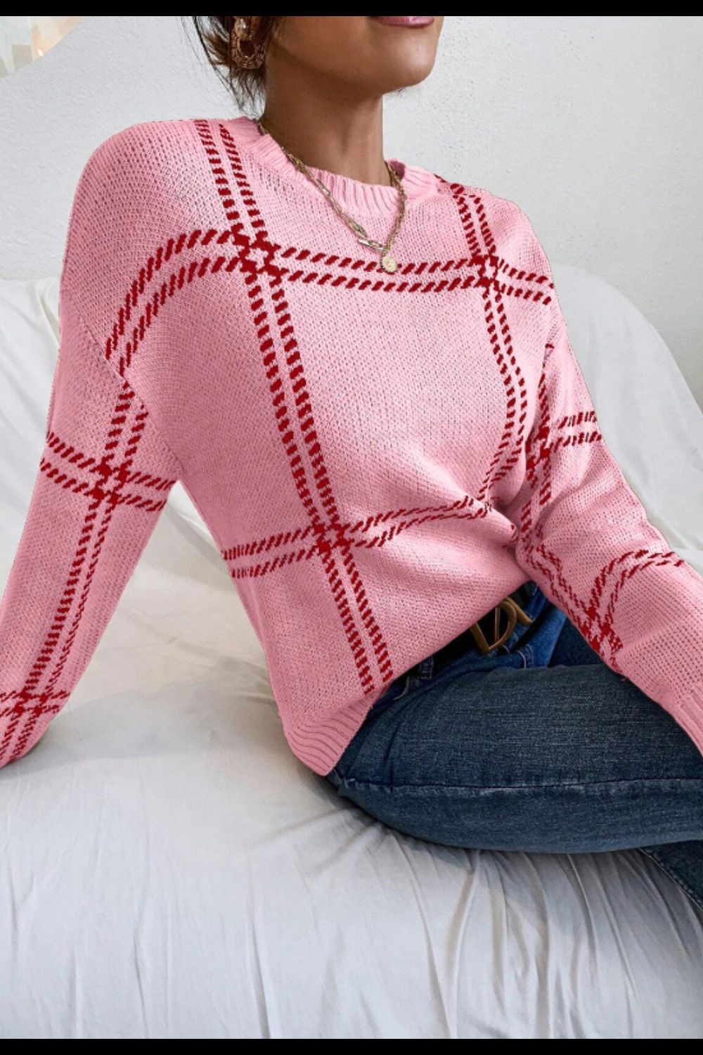Contrast Round Neck Long Sleeve Sweater 