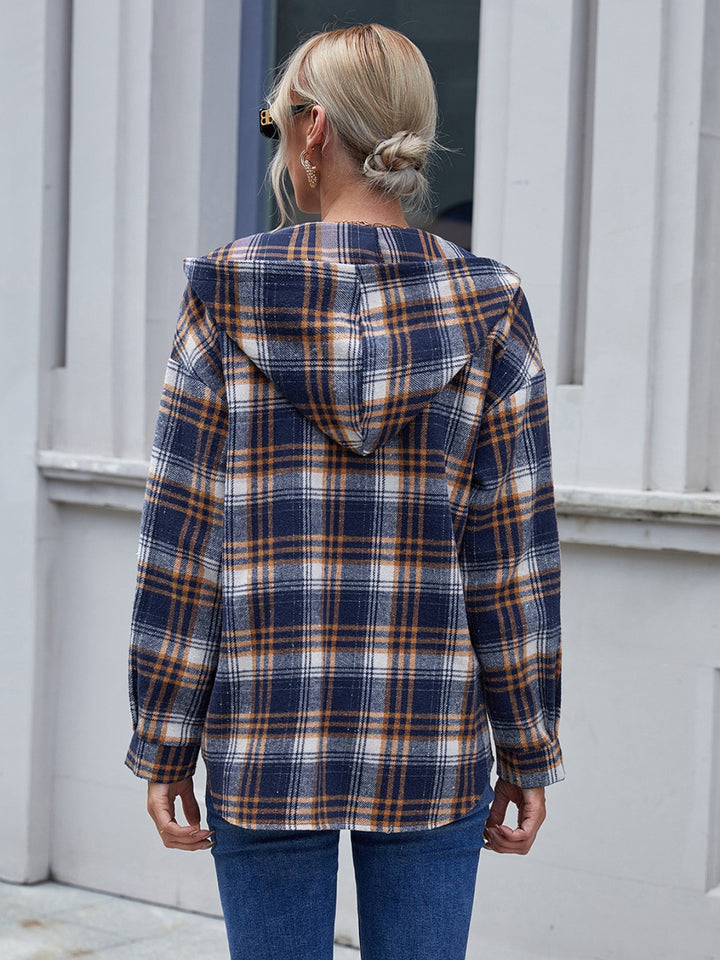 Ivy Lane Plaid Button Up Long Sleeve Hooded Jacket 