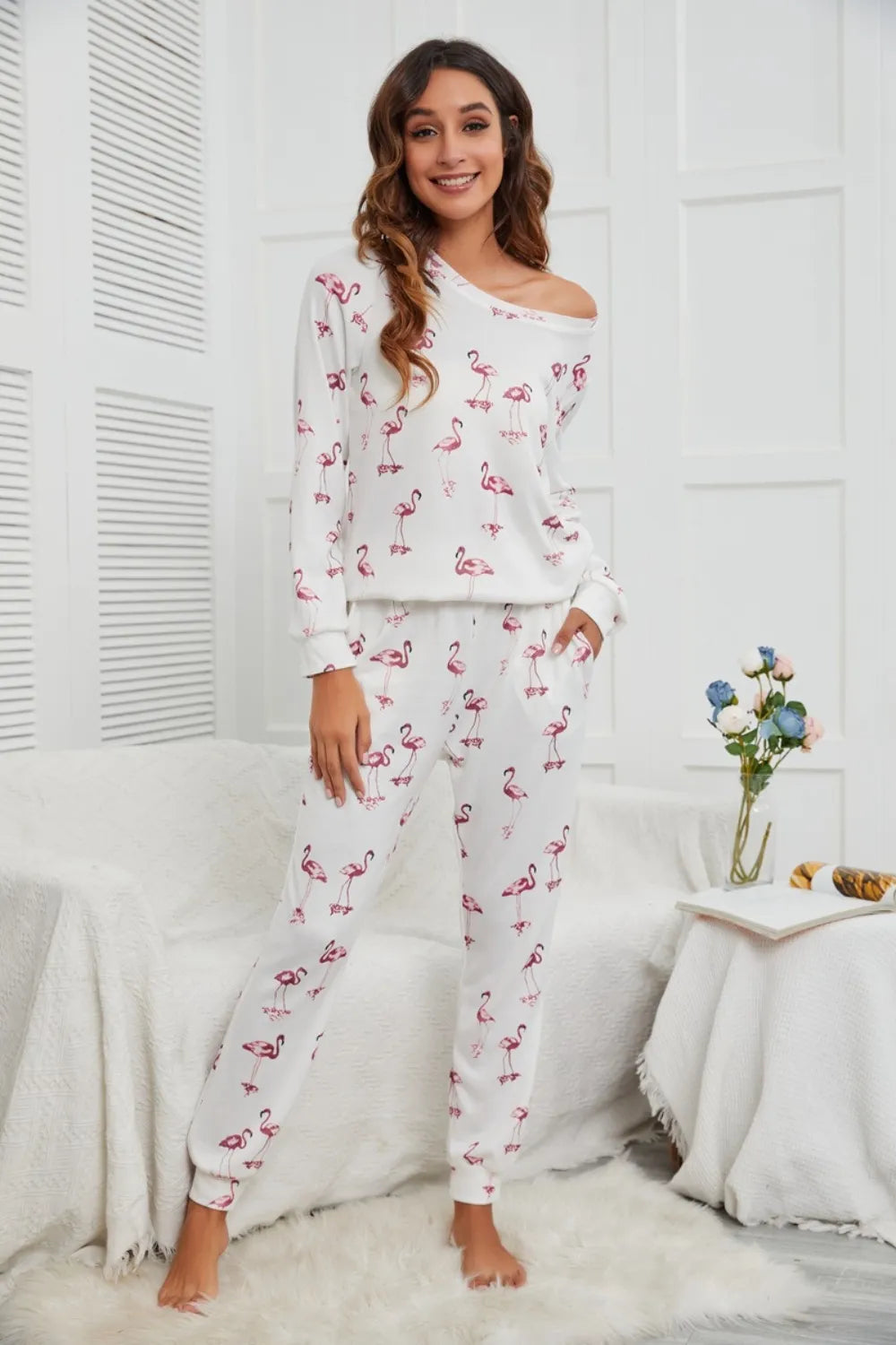 Flamingo Long Sleeve Top and Pants Lounge Set Lingerie & Nightwear