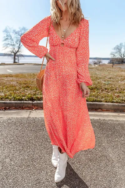Printed V-Neck Long Sleeve Midi Dress Dresses