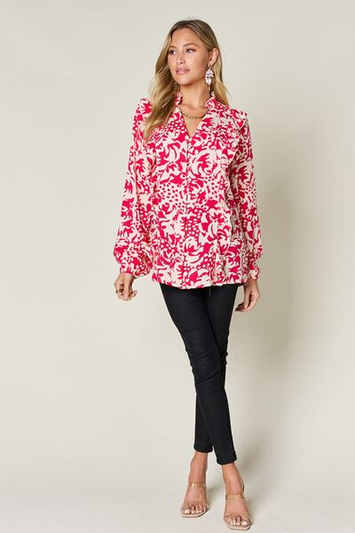 Double Take Full Size Printed Ruffle Trim Balloon Sleeve Shirt 