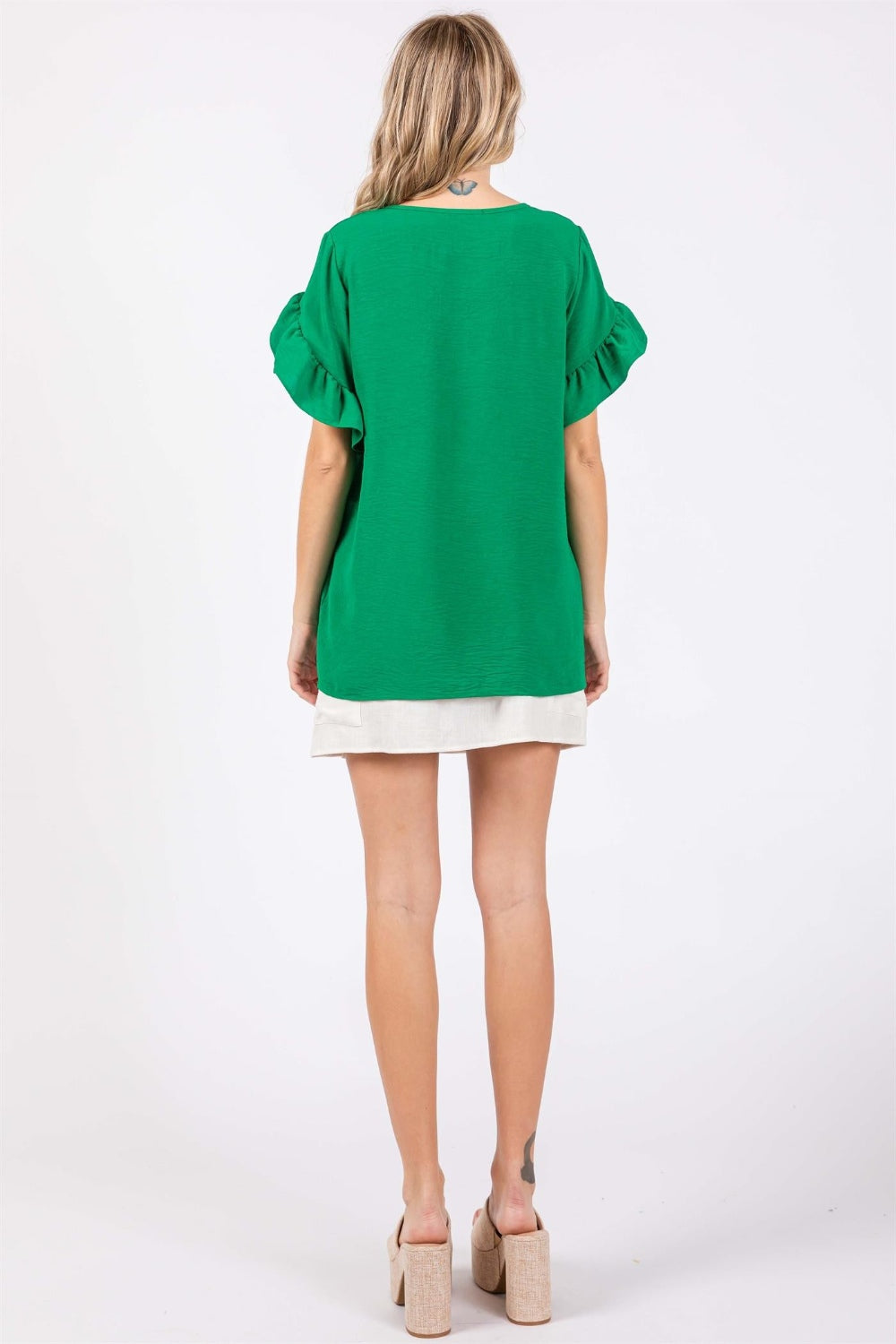 GeeGee Ruffled Short Sleeve V-Neck Blouse 