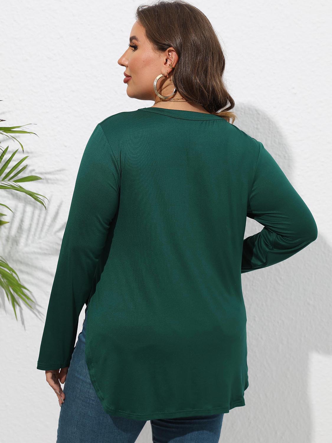 Plus Size Round Neck Long Sleeve Slit T-Shirt 