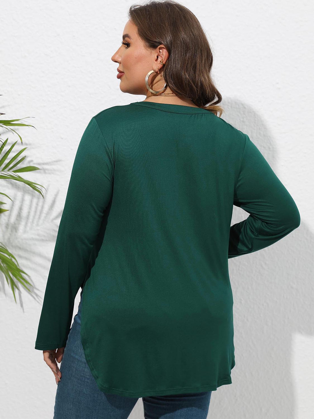 Plus Size Round Neck Long Sleeve Slit T-Shirt 