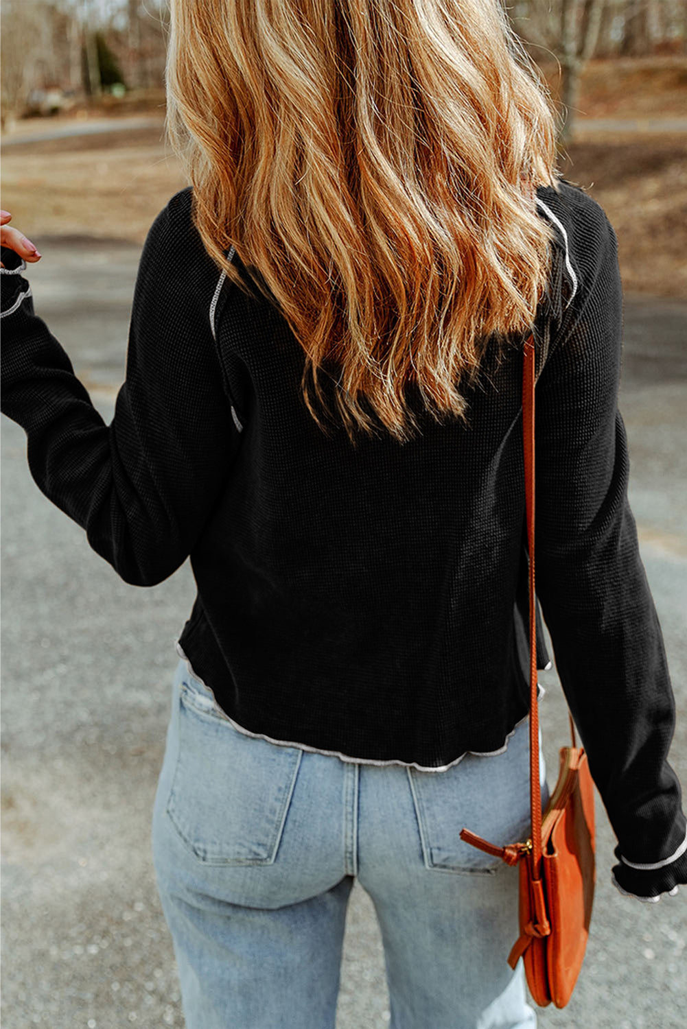 Black Textured Round Neck Long Sleeve Top Tops/Long Sleeve Tops