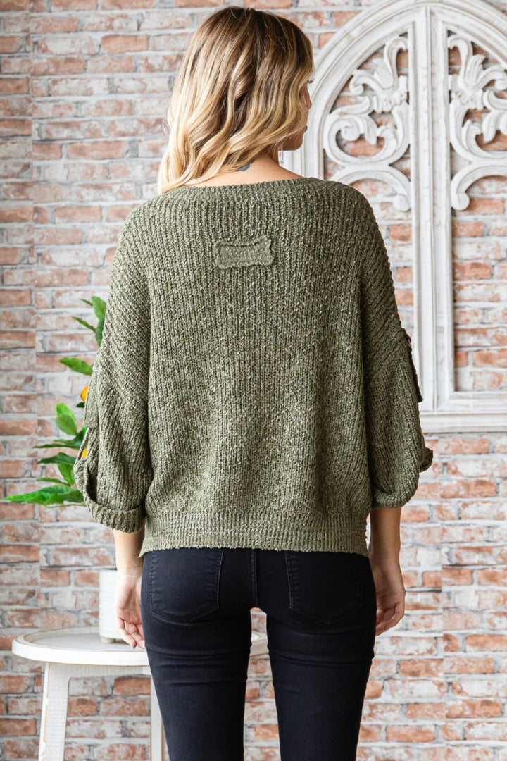 Veveret Round Neck Roll-Up Sweater 