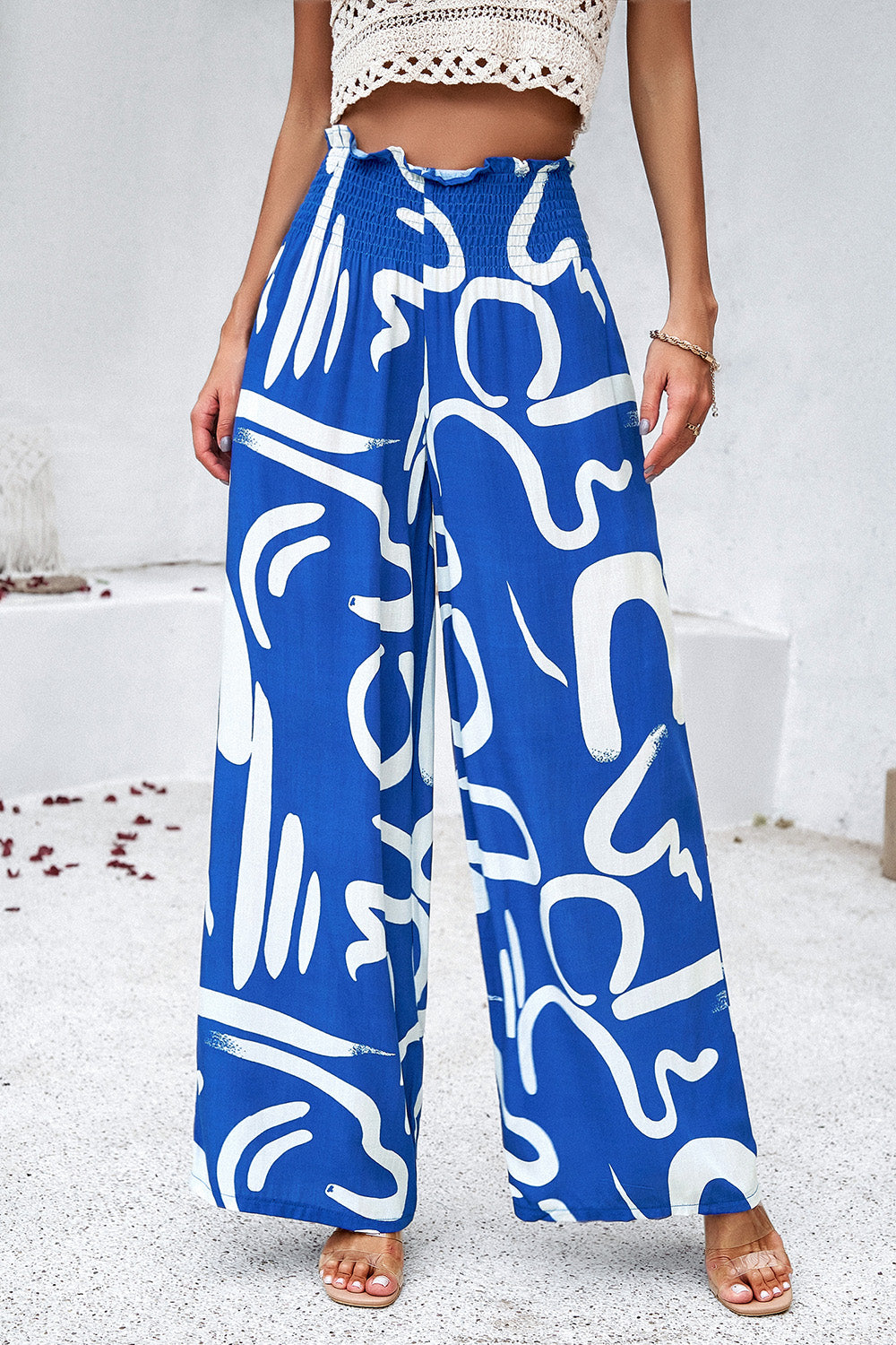 Devine Smocked Printed Wide Leg Pants with Pockets 