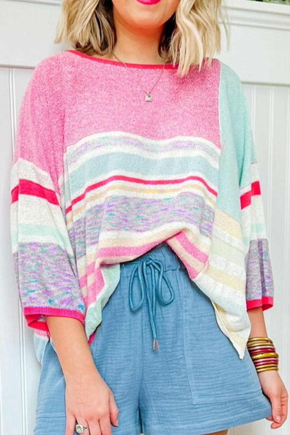 Contrast Round Neck Three-Quarter Sleeve Knit Top 