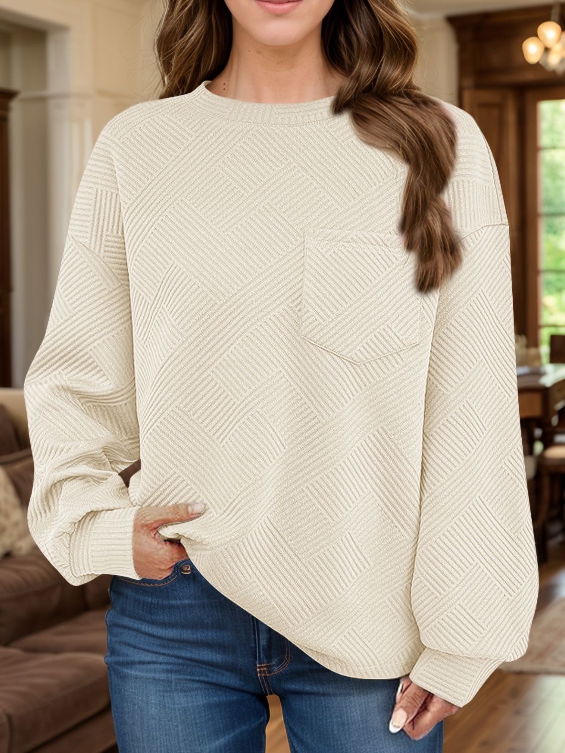 Full Size Texture Round Neck Long Sleeve Sweatshirt 