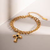 Stainless Steel Imitation Gemstone Cross Shape Pendant Bracelet 
