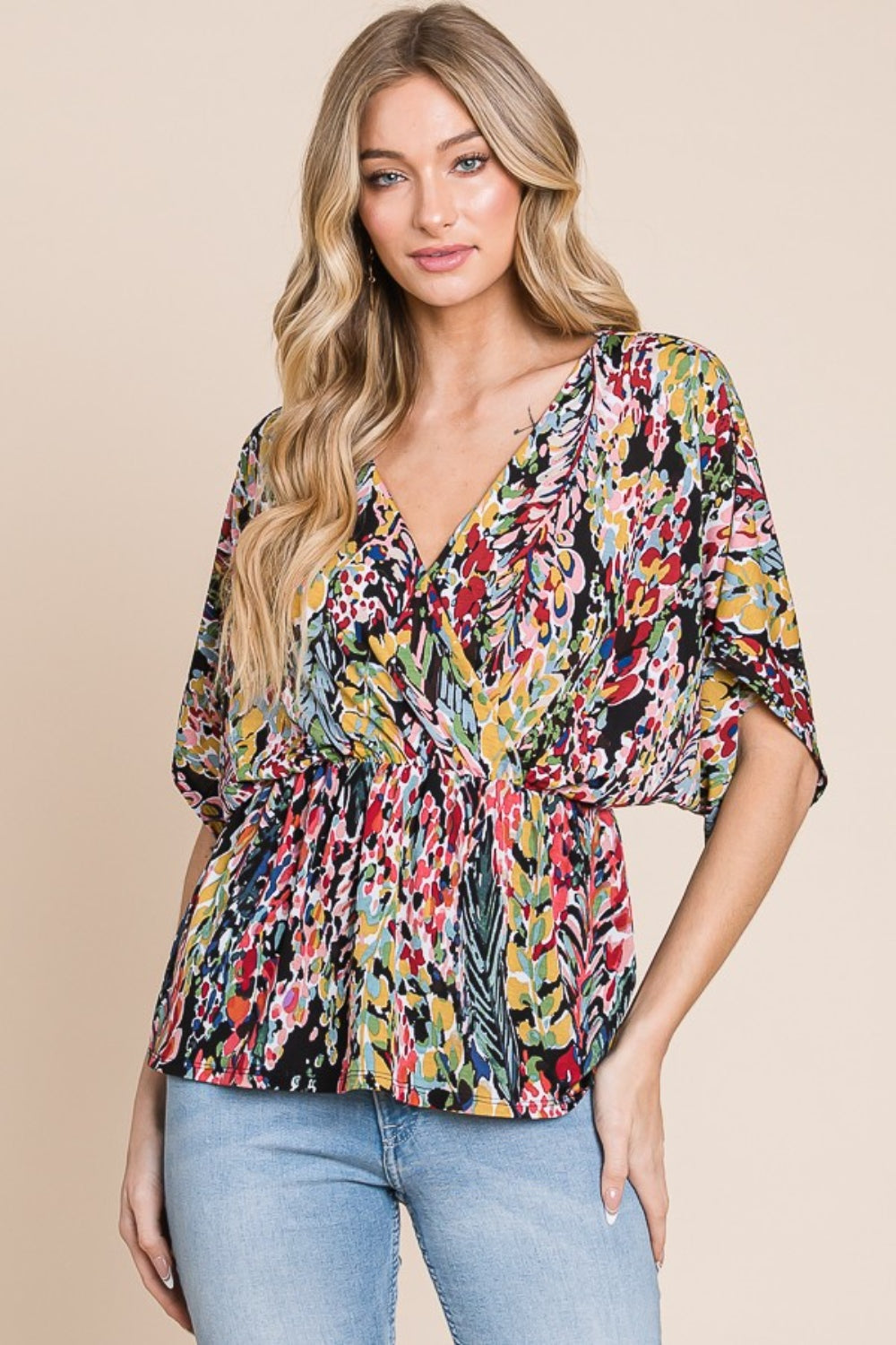 BOMBOM Printed Surplice Peplum Blouse 