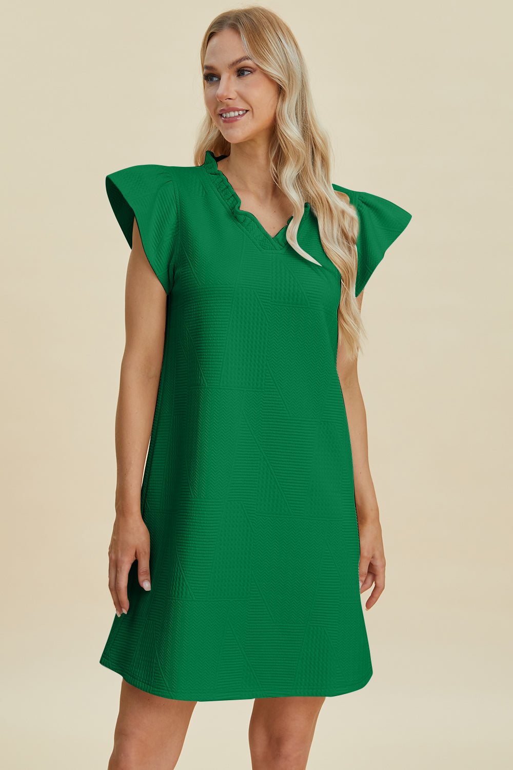 Double Take Full Size Ruffled V-Neck Cap Sleeve Dress 