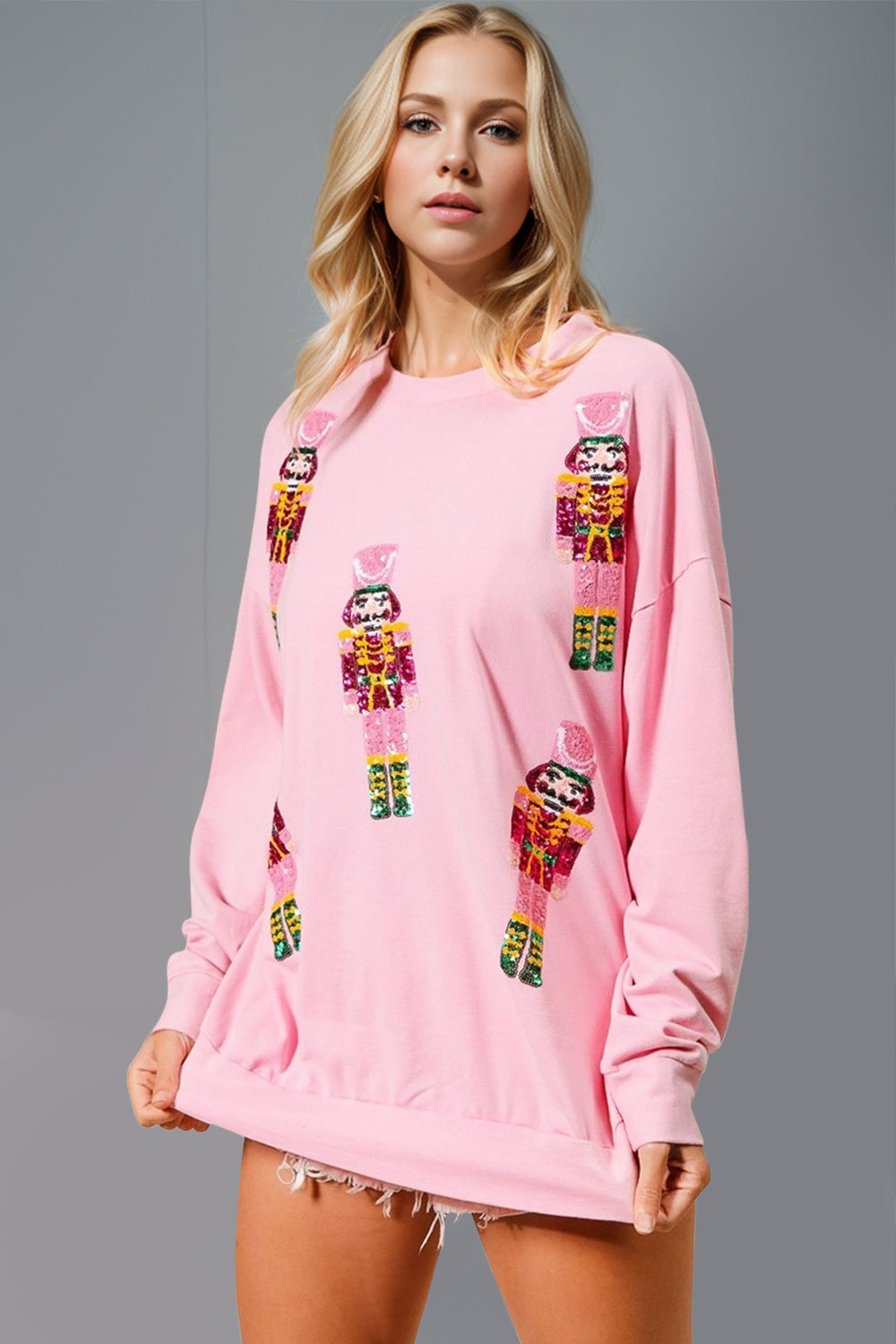 Double Take Sequin Nutcracker Round Neck Long Sleeve Sweatshirt 