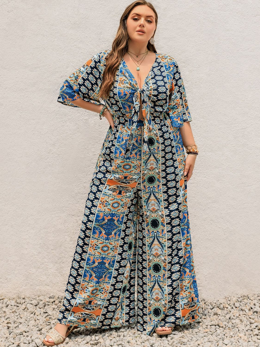 Plus Size Printed Half Sleeve Wide Leg Jumpsuit 