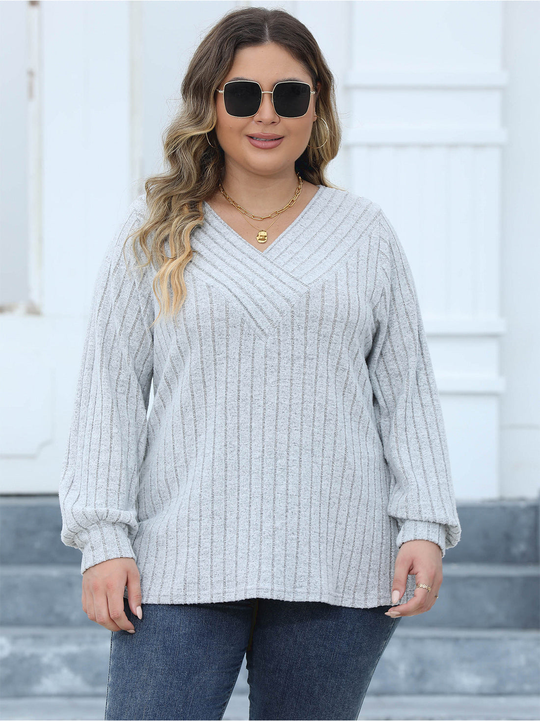 Plus Size Ribbed V-Neck Long Sleeve Top 