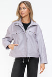 How Dare U Drawstring Hem PU Leather Zip Up Jacket 