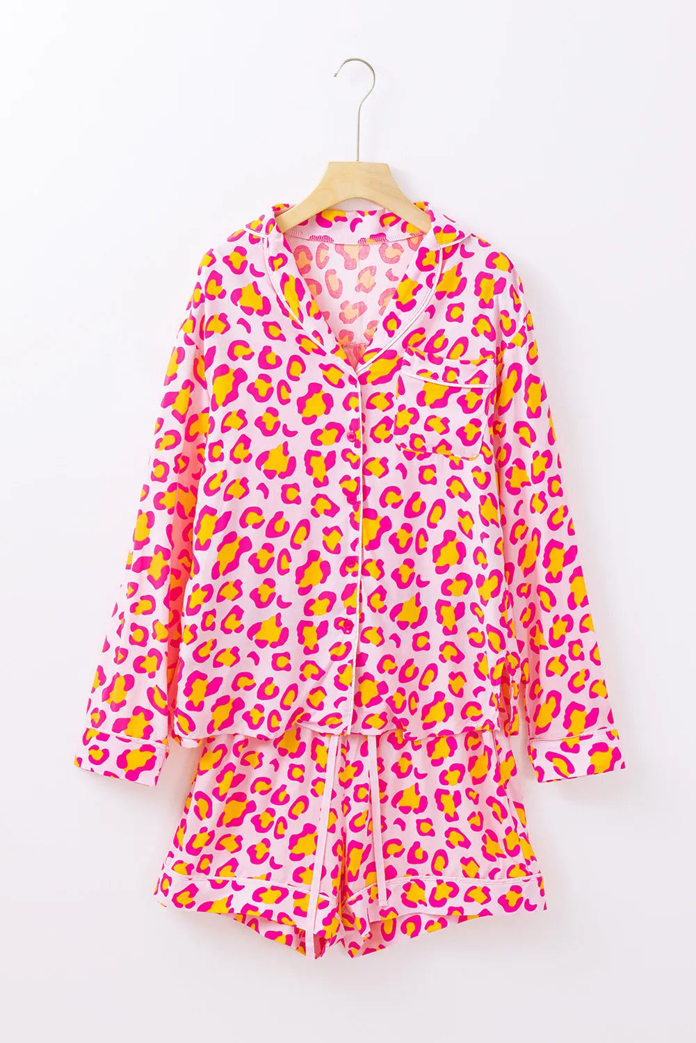 Leopard Collared Neck Long Sleeve Top and Shorts Lounge Set Lingerie & Nightwear