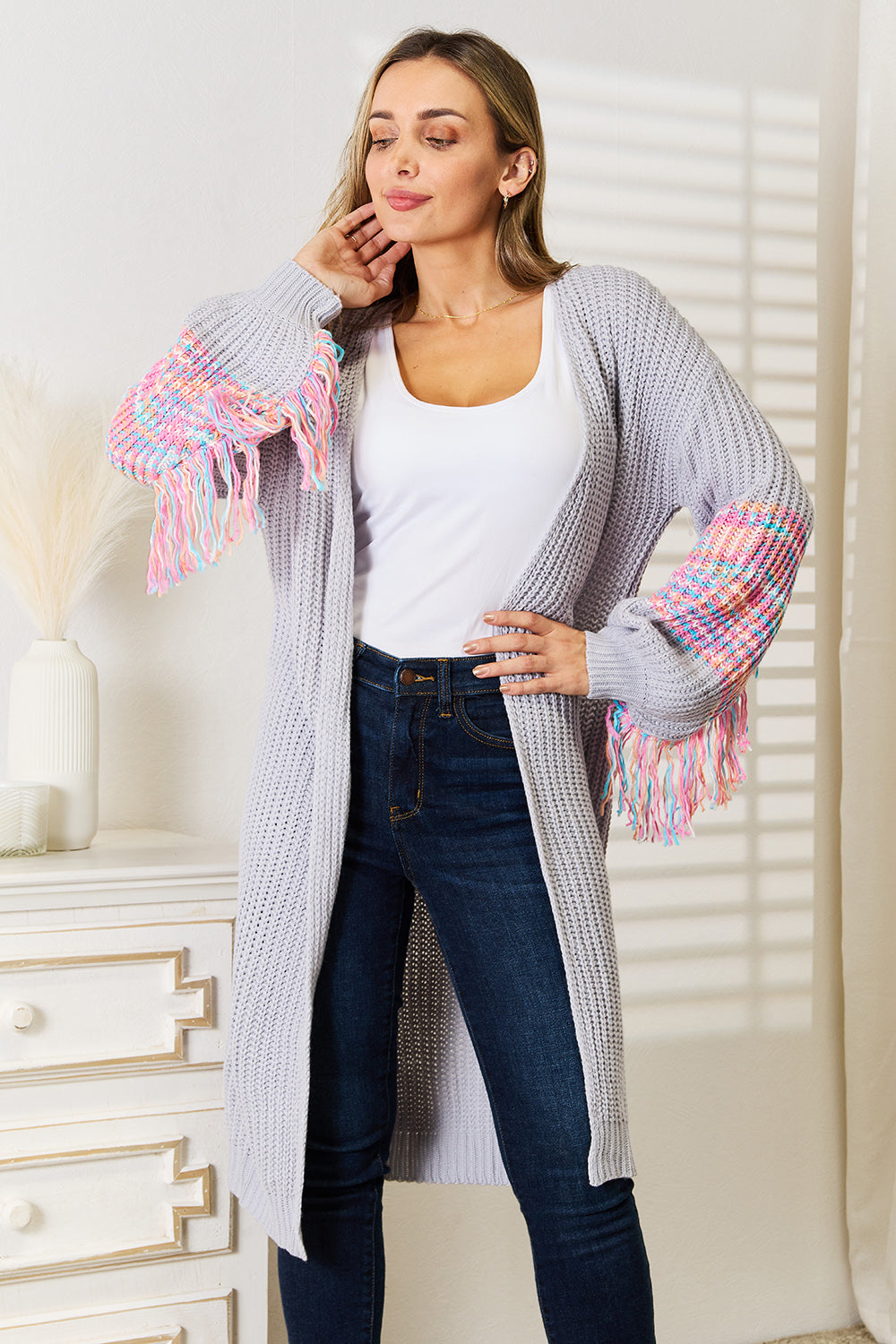 Woven Right Fringe Sleeve Dropped Shoulder Cardigan 