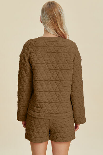Double Take Full Size Texture Round Neck Long Sleeve Top and Shorts Set 