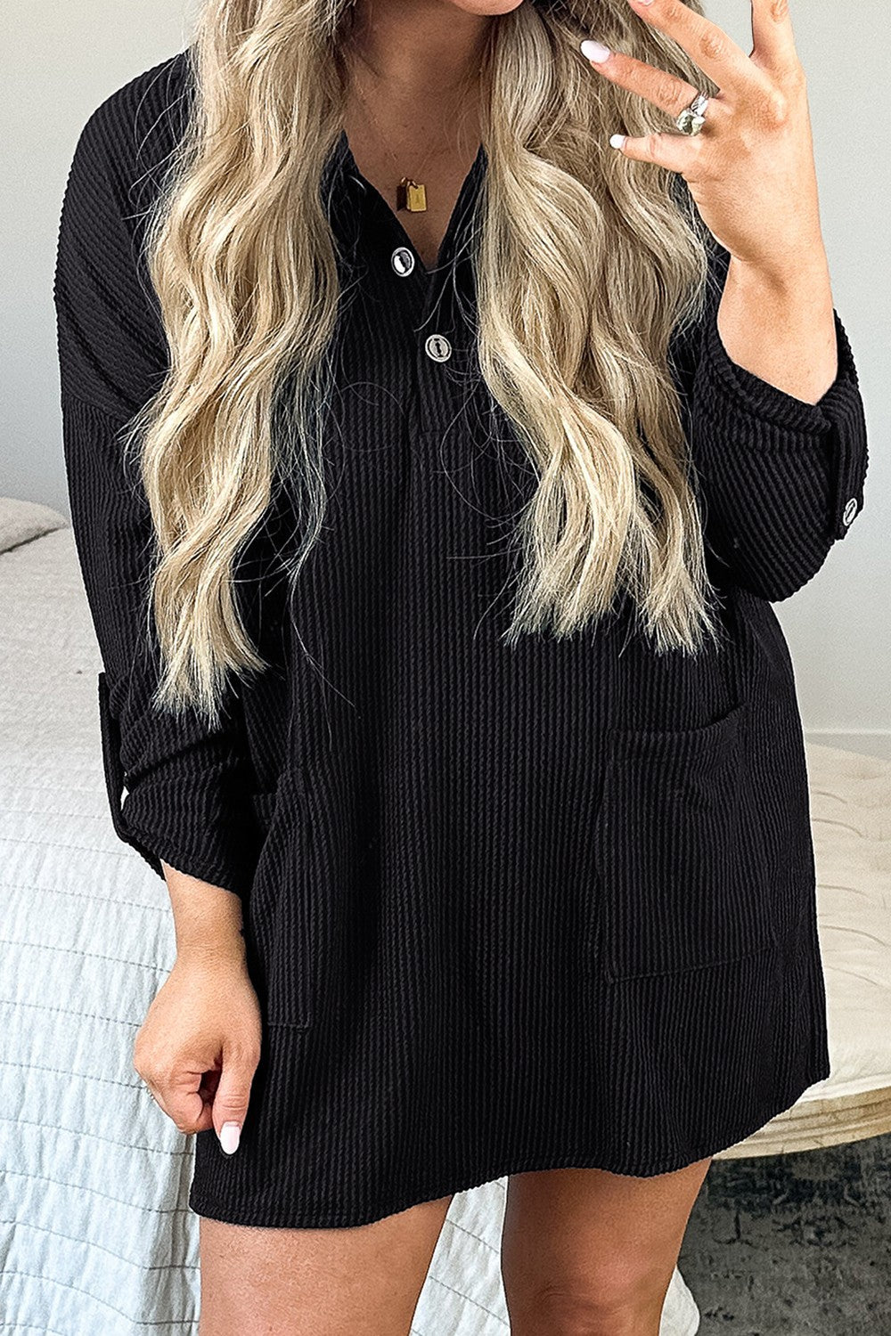 Plus Size Pocketed Long Sleeve Mini Dress 