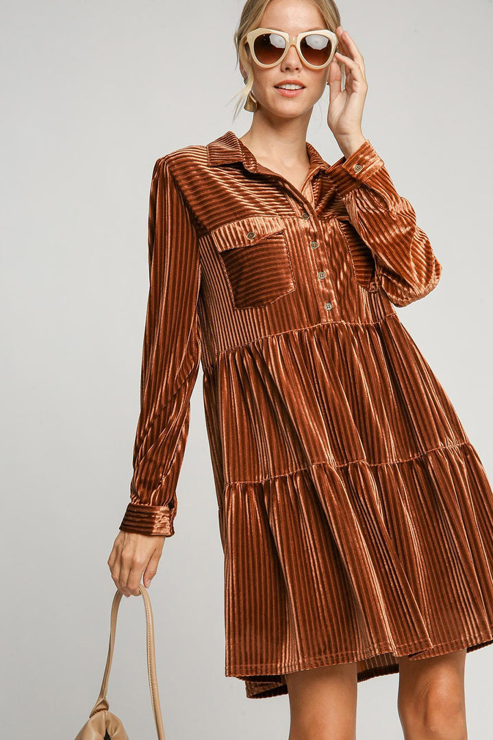 Umgee Texture Tiered Collared Long Sleeve Dress 