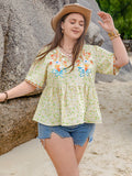 Plus Size Printed Tie Neck Half Sleeve Blouse 
