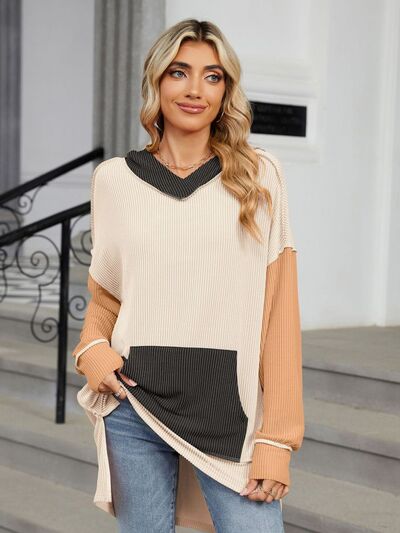 Double Take Contrast Hooded Long Sleeve Top 