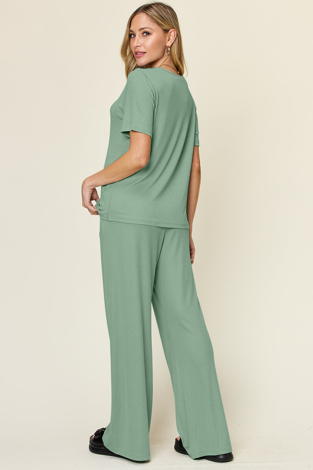 Double Take Full Size Round Neck Short Sleeve T-Shirt and Wide Leg Pants Set 