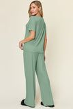 Double Take Full Size Round Neck Short Sleeve T-Shirt and Wide Leg Pants Set 
