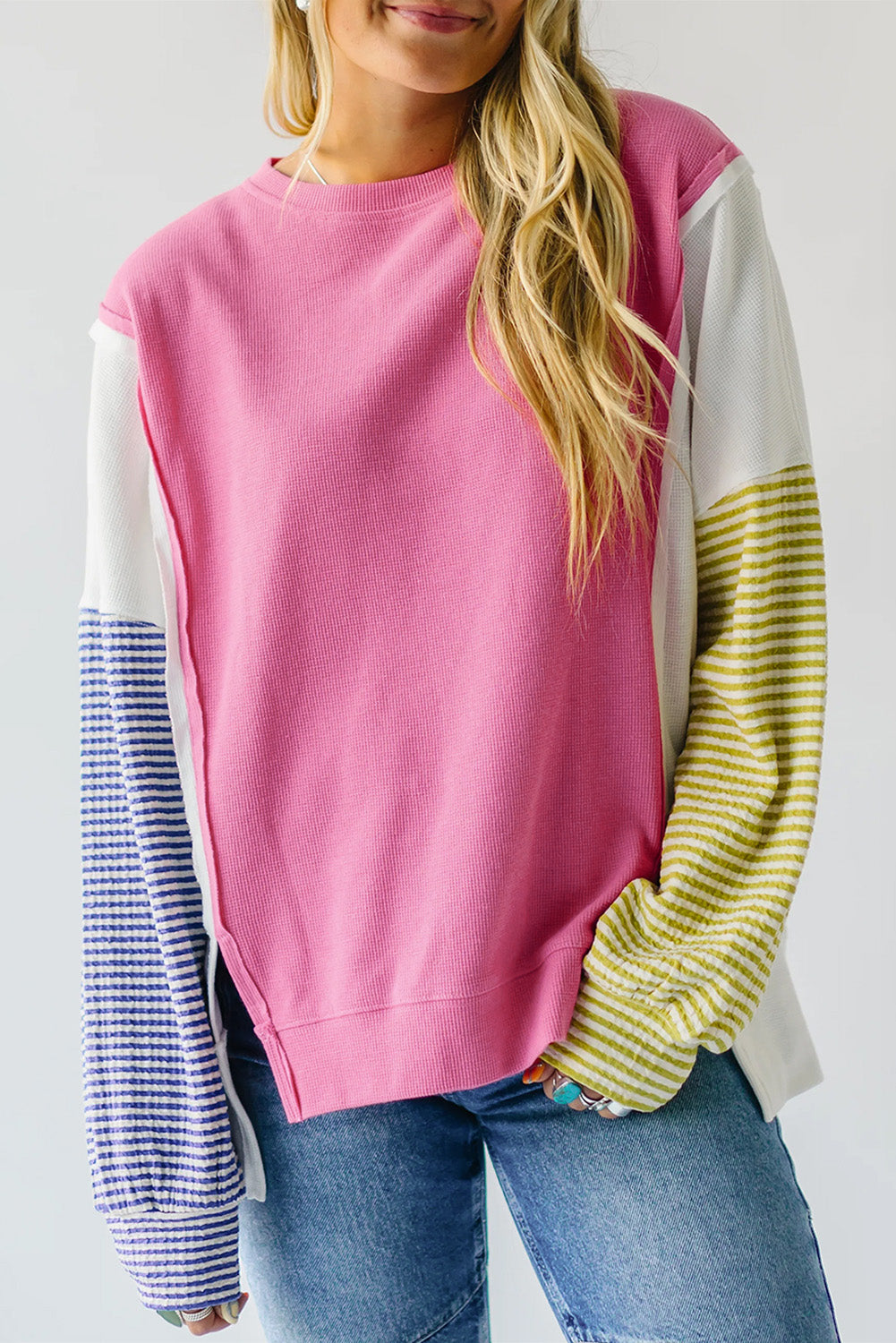 Sachet Pink Exposed Seam Striped Color Block Patchwork Long Sleeve Top Tops/Long Sleeve Tops