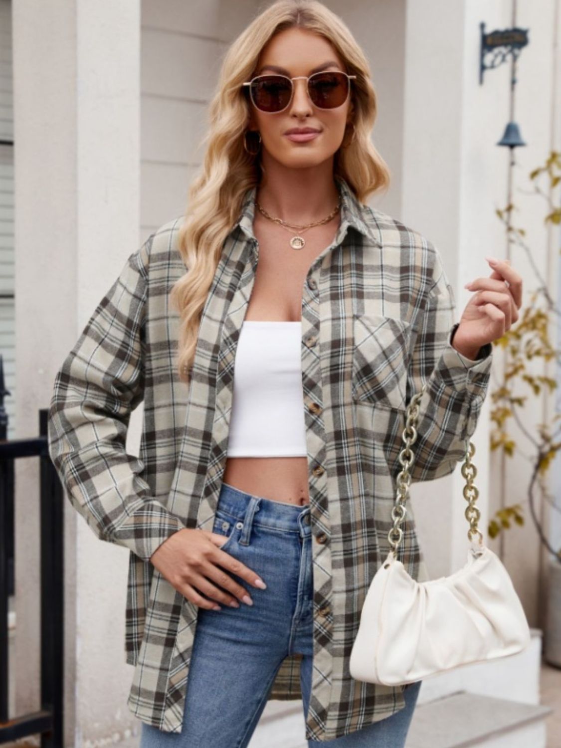 Mandy Pocketed Plaid Collared Neck Long Sleeve Shirt 