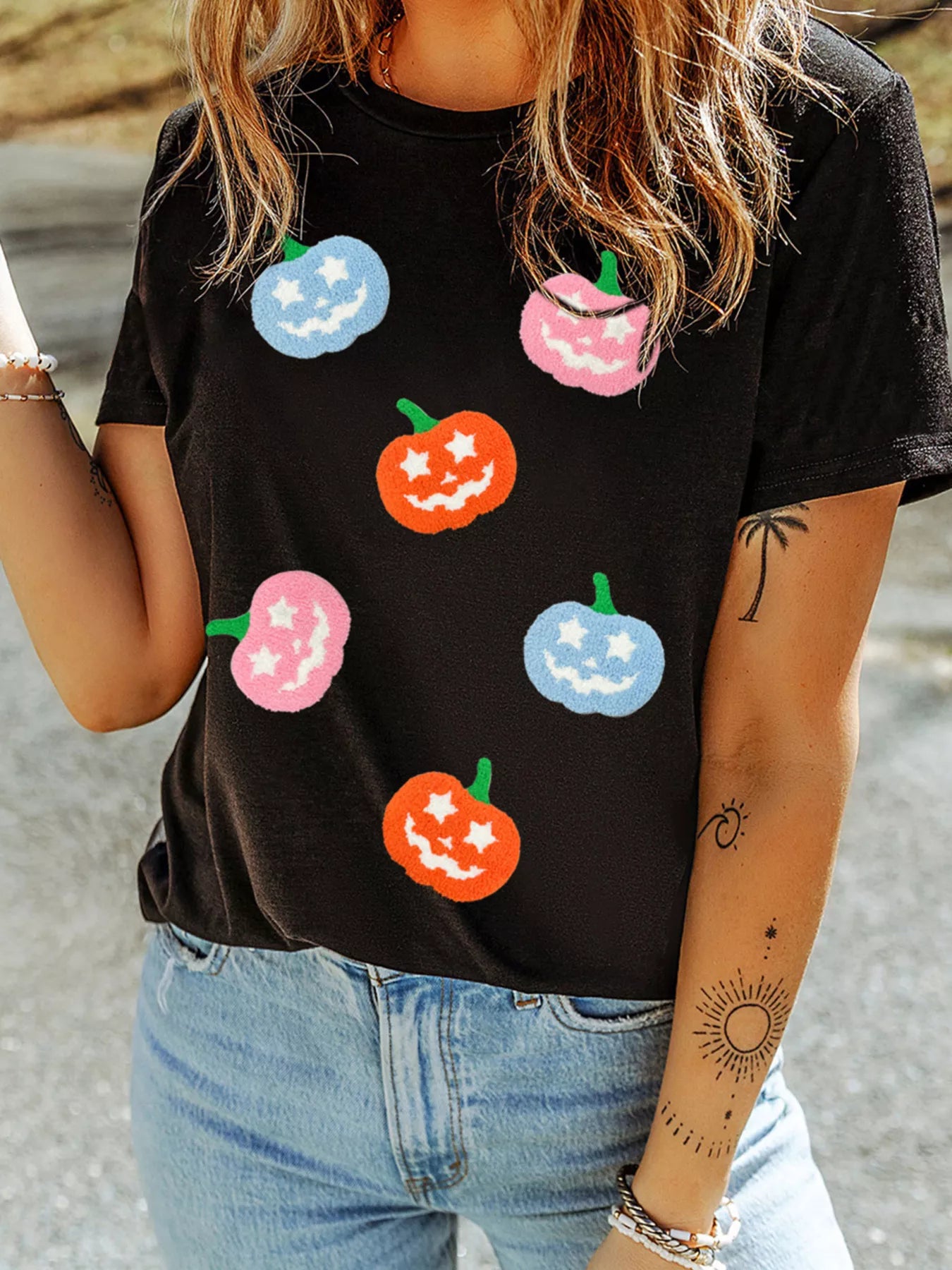 Chenille Pumpkin Patched Playful Halloween T Shirt 