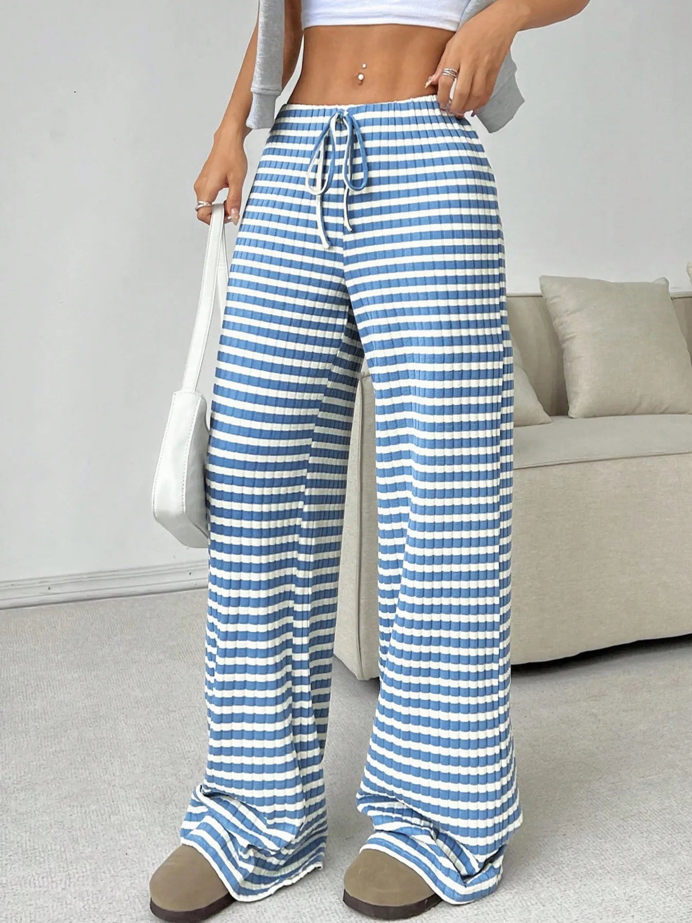 Striped Wide Leg Drawstring Pants 