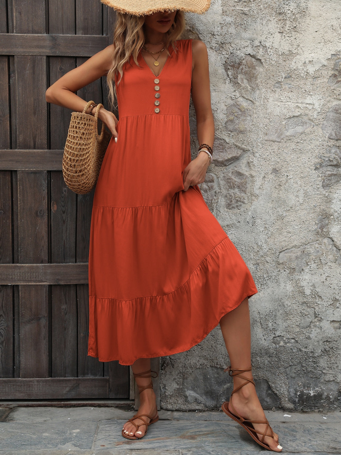 Ivy Lane Decorative Button Notched Sleeveless Dress 