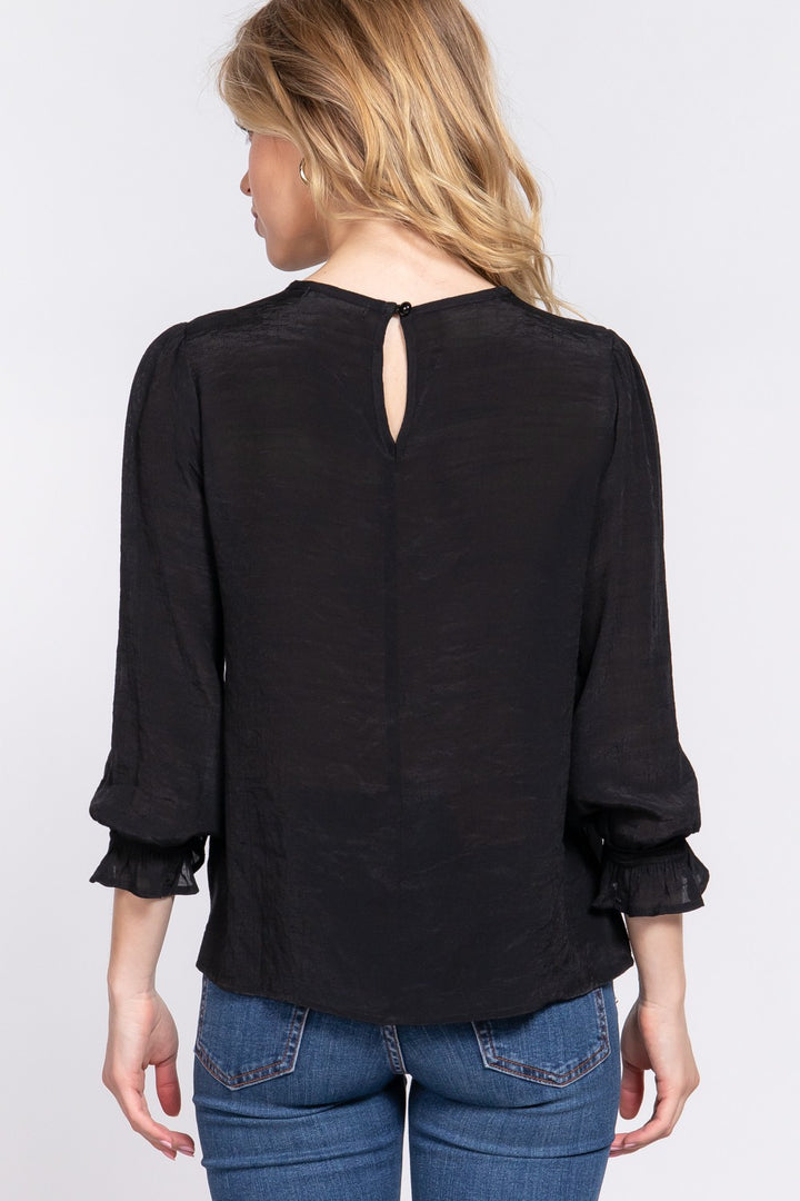 ACTIVE BASIC Crochet Lace Panel Flounce Sleeve Blouse 