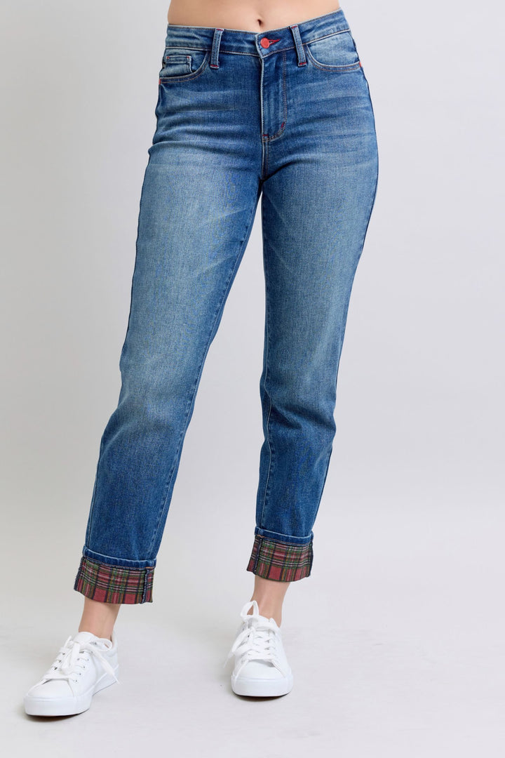 Judy Blue Full Size Plaid Print Cuff Straight Leg Jeans with Pockets 