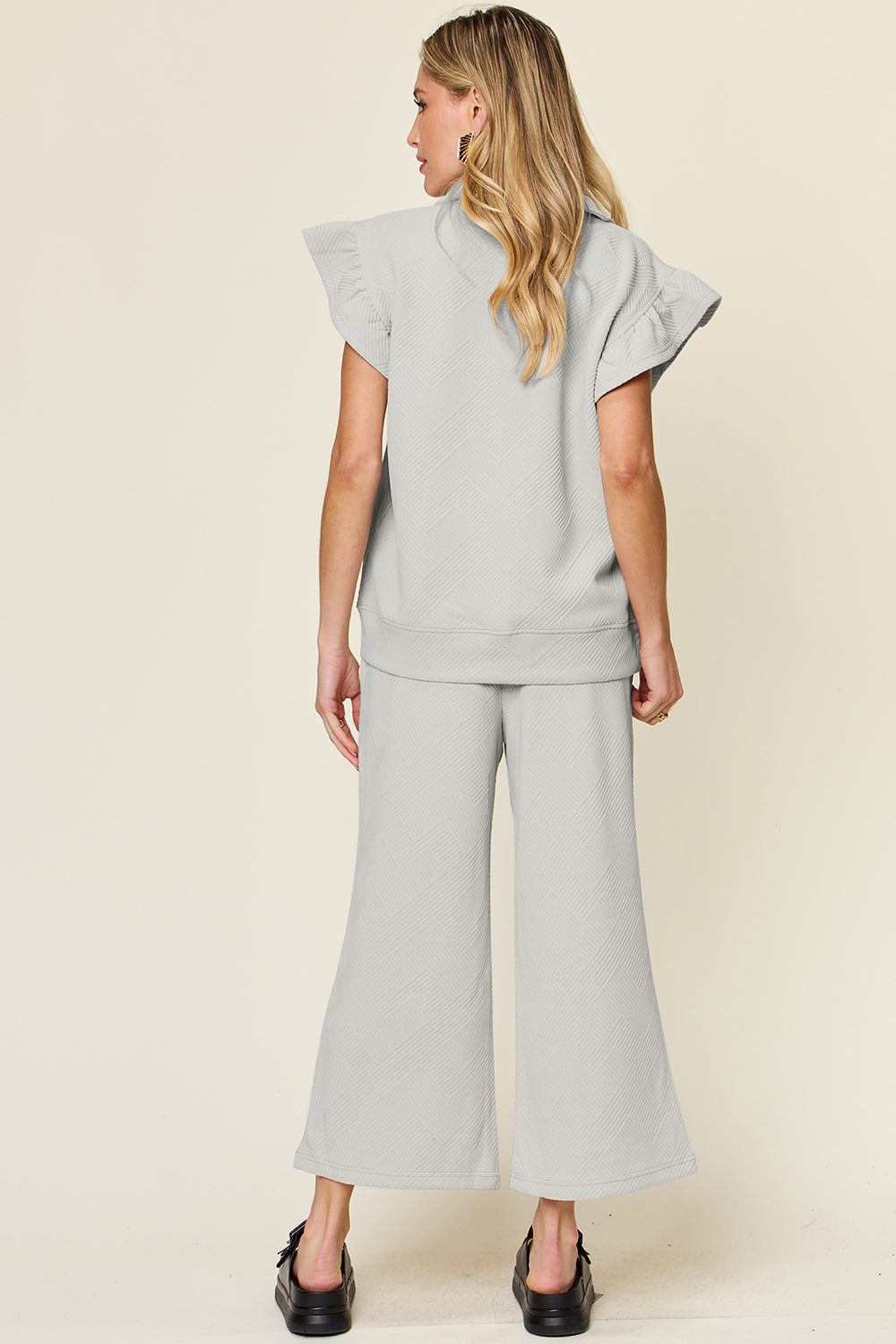 Double Take Texture Ruffle Short Sleeve Top and Drawstring Wide Leg Pants Set 