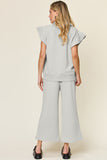 Double Take Texture Ruffle Short Sleeve Top and Drawstring Wide Leg Pants Set 