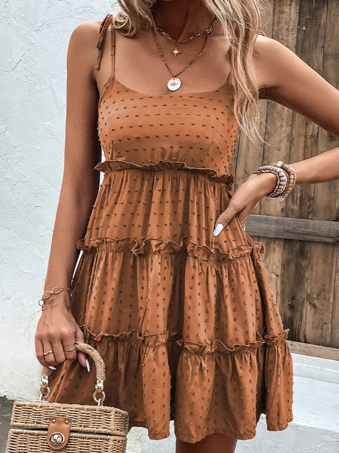 Shiny Frill Spaghetti Strap Tiered Dress 
