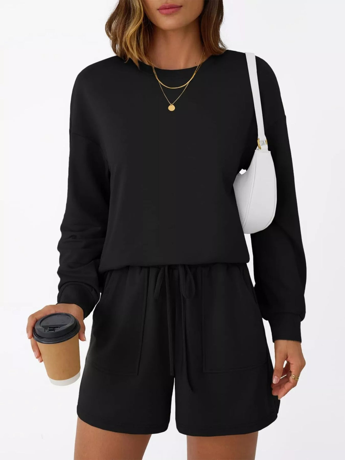 Round Neck Long Sleeve Top and Shorts Set Two Piece Dresses